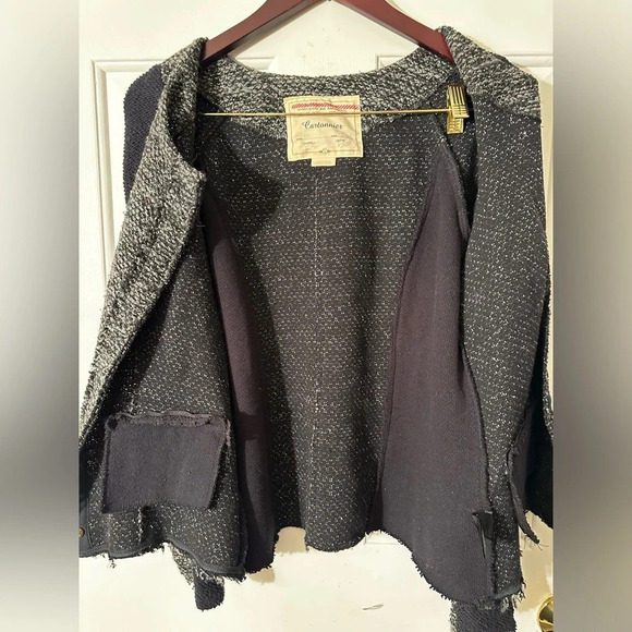 ANTHROPOLOGIE Cartonnier RARE! L Black Gray Tweed Snap Wool Blend Jacket RAW HEM - Picture 4 of 14